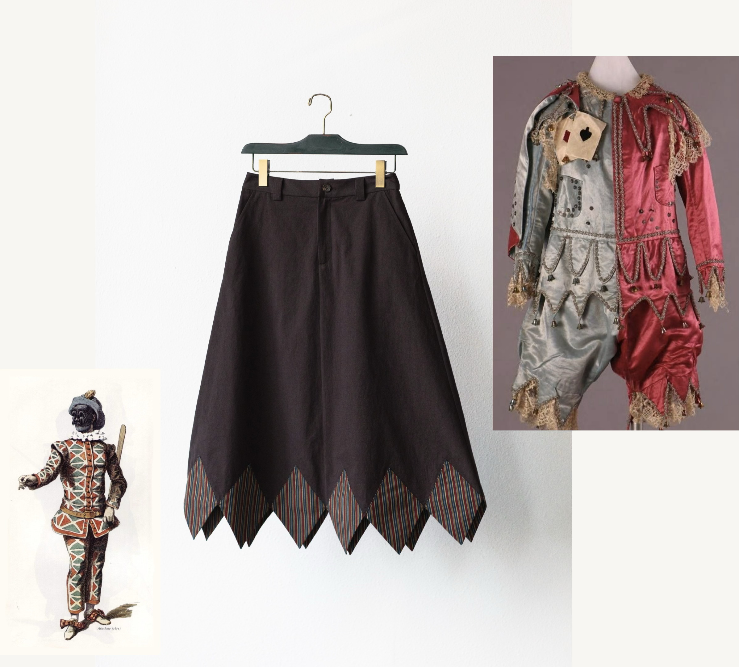 Between Acts harlequin research and garment collage